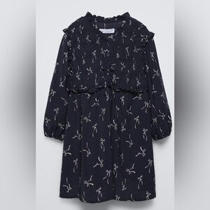 Zara Navy Blue Kids Dress with White Bow Pattern